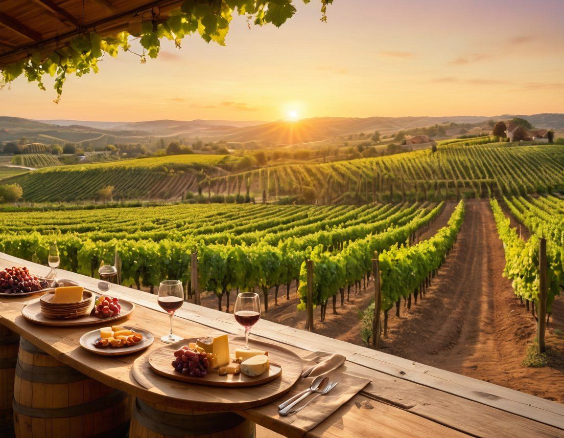 A picturesque vineyard at sunset, with swirling hills and rows of grapevines stretching into the distance. Include a rustic winery in the foreground, showcasing barrels and winemakers at work, while a glass of red wine reflects the warm colors of the sky. Capture the essence of wine tasting with elegant cheese platters on a wooden table. Impressionistic style. warm hues. soft background.