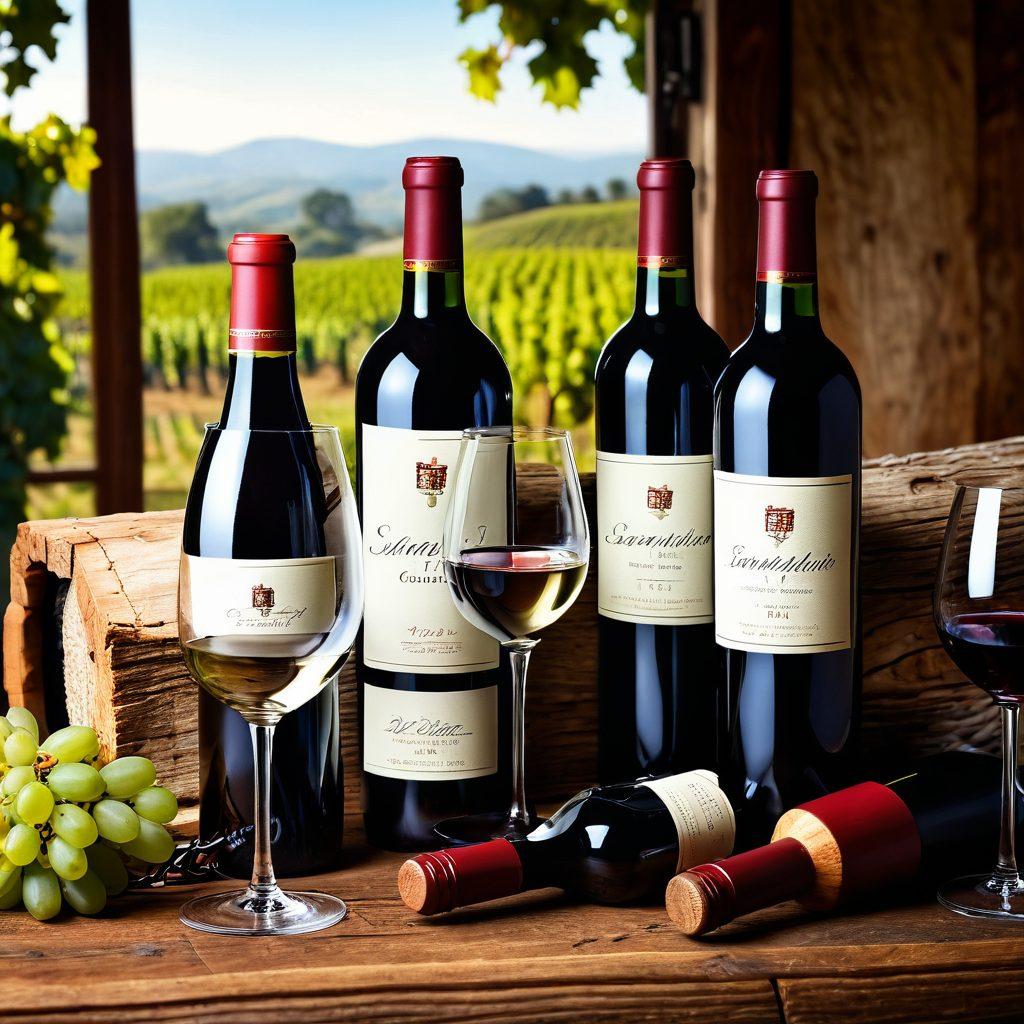 A visually stunning sommelier's toolkit including a range of wine bottles, elegant glasses filled with red and white wine, and a lush vineyard in the background. Include detailed elements like a corkscrew, wine tasting notes, and a rustic wooden table. Capture the essence of wine appreciation with warm lighting and a cozy atmosphere. super-realistic. vibrant colors. elegant composition.